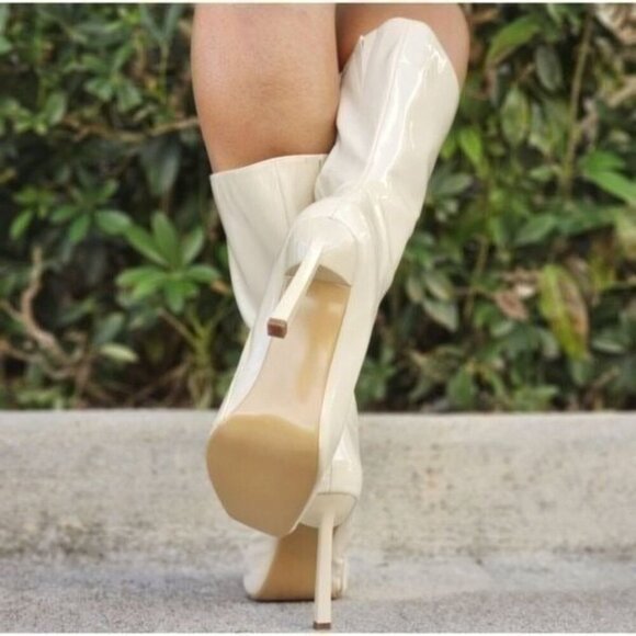 Women Mid Calf Square Toe Heel Boot Off White Color - Picture 5 of 5